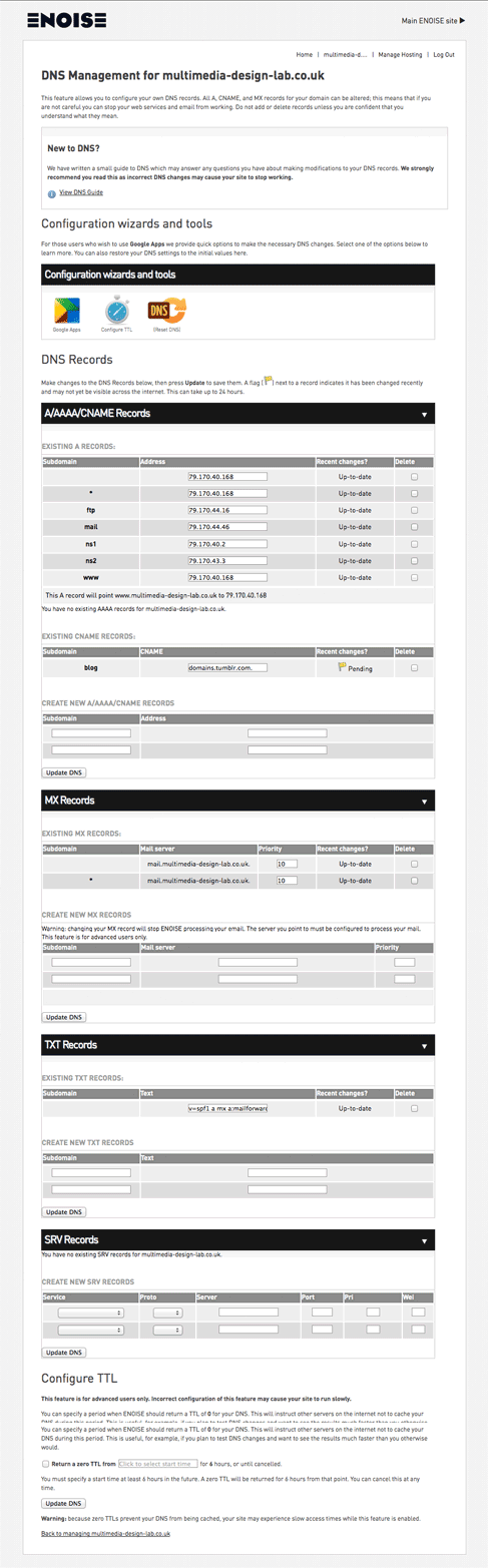 DNS management in the domain manager interface